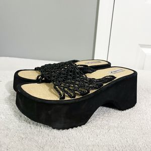 Vintage Y2K Melly Women’s Black Chunky Wedge Slide Sandals 8.5 Crochet Rattan